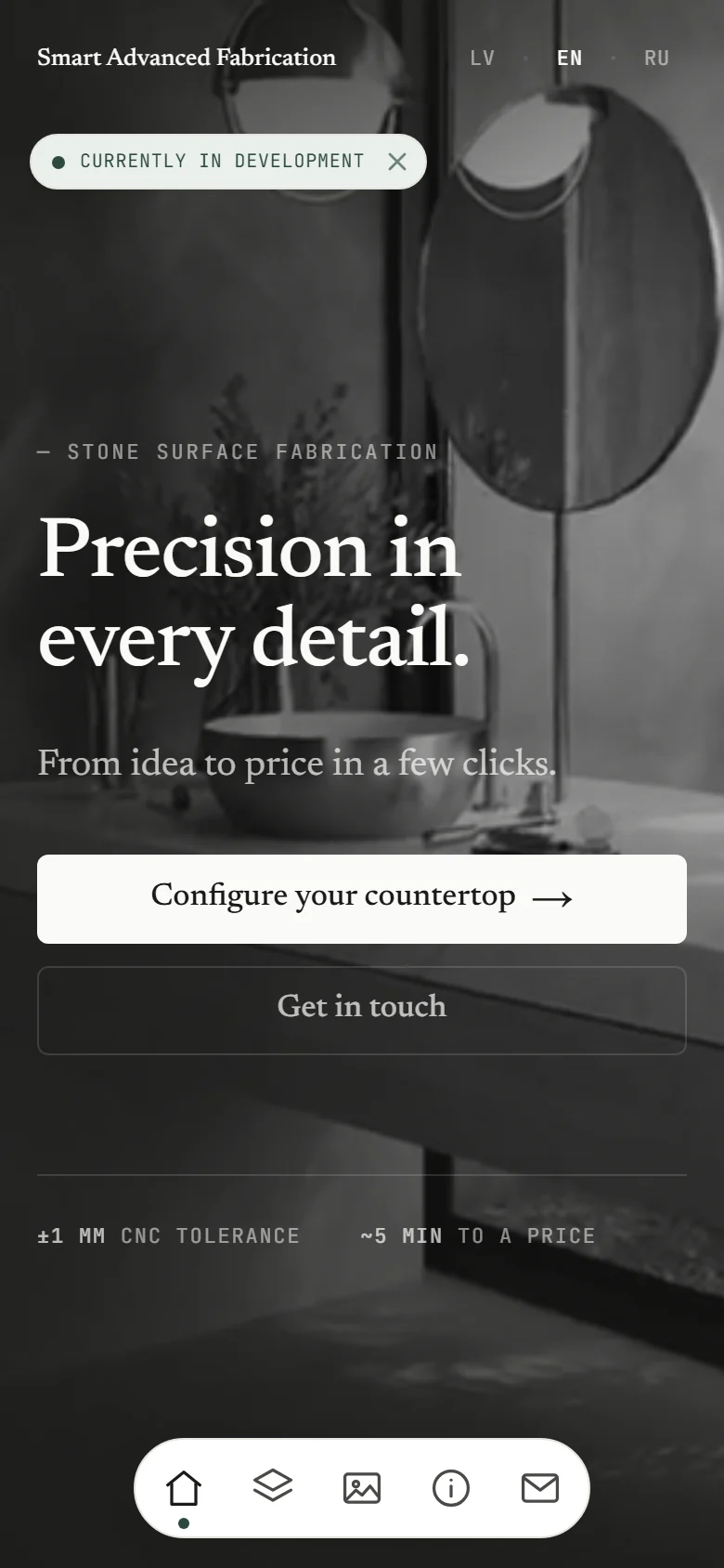 SIA VIA — A stone-countertop configurator with a live price — pick a stone, draw your counter, and watch the cost update as you go. No emails, no waiting on a callback.